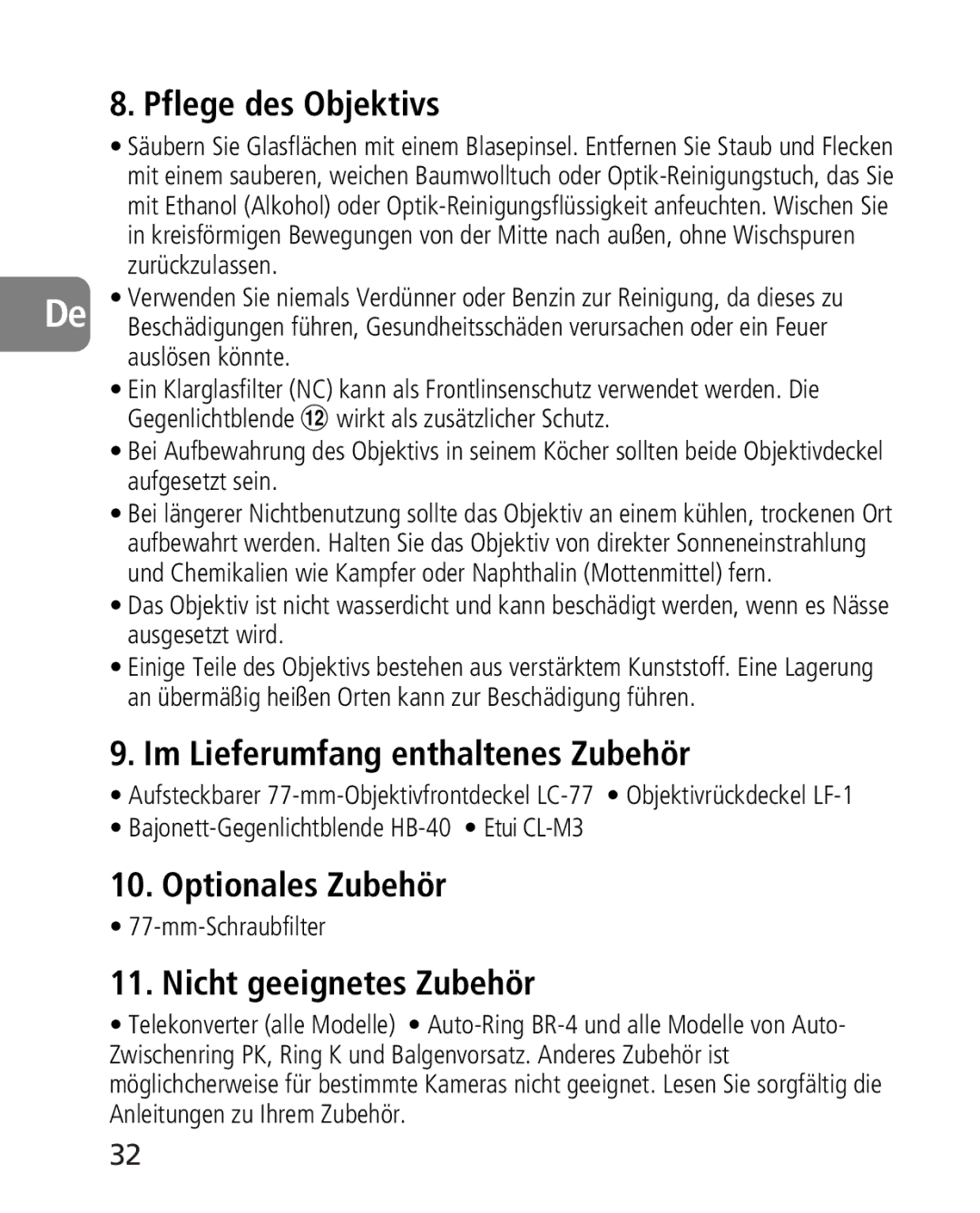 Nikon 2164 Pflege des Objektivs, Im Lieferumfang enthaltenes Zubehör, Optionales Zubehör, Nicht geeignetes Zubehör 