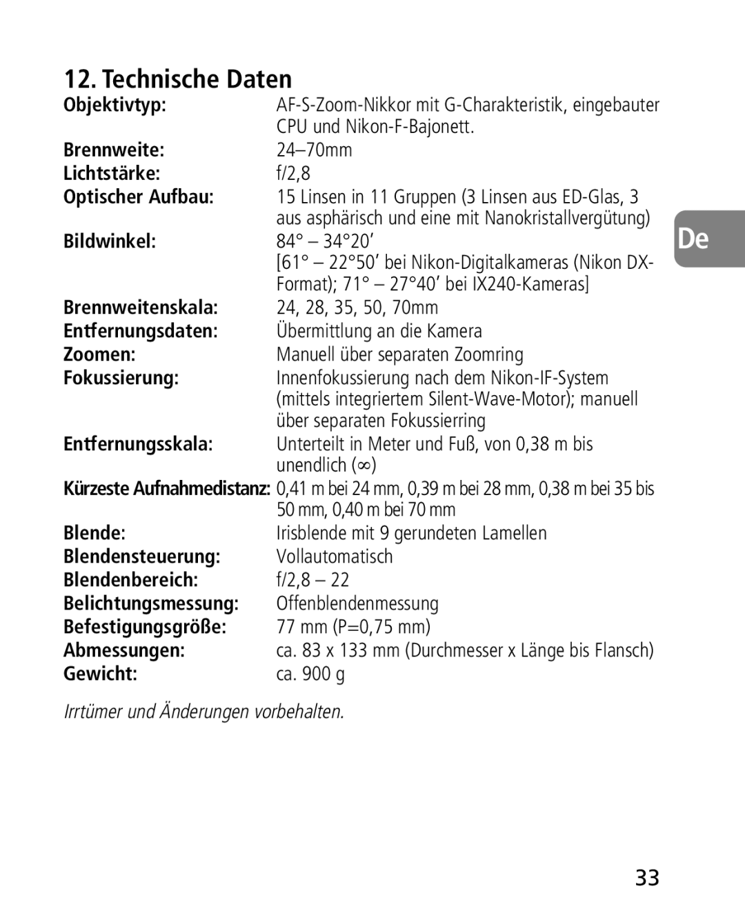 Nikon 2164 instruction manual Technische Daten 