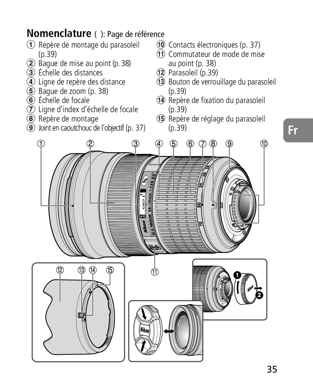 Nikon 2164 instruction manual Nomenclature Page de référence, Repère de montage Repère de réglage du parasoleil 