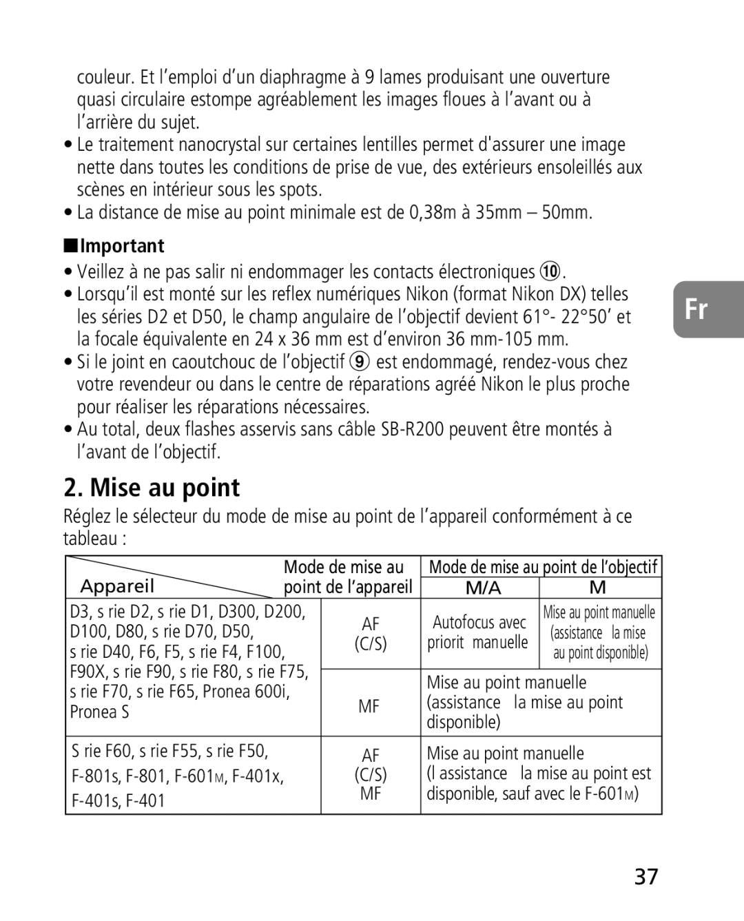 Nikon 2164 instruction manual Mise au point, D100, D80, s rie D70, D50 