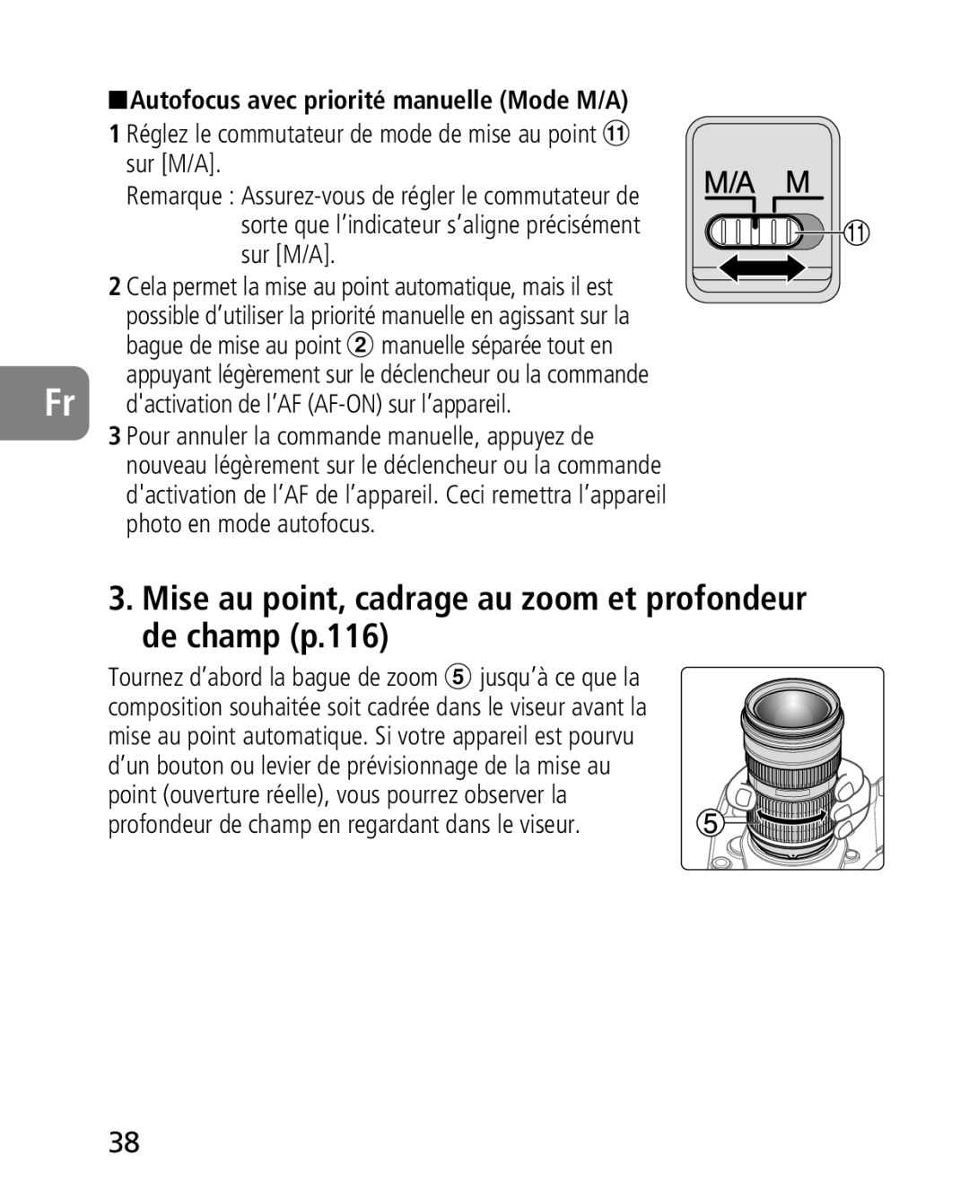 Nikon 2164 Mise au point, cadrage au zoom et profondeur de champ p.116, Sur M/A, Dactivation de l’AF AF-ON sur l’appareil 