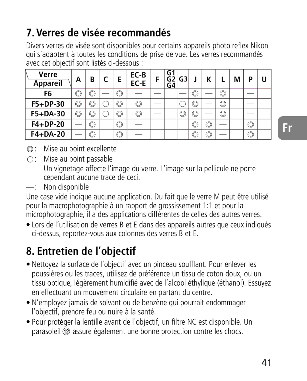 Nikon 2164 instruction manual Verres de visée recommandés, Entretien de l’objectif 