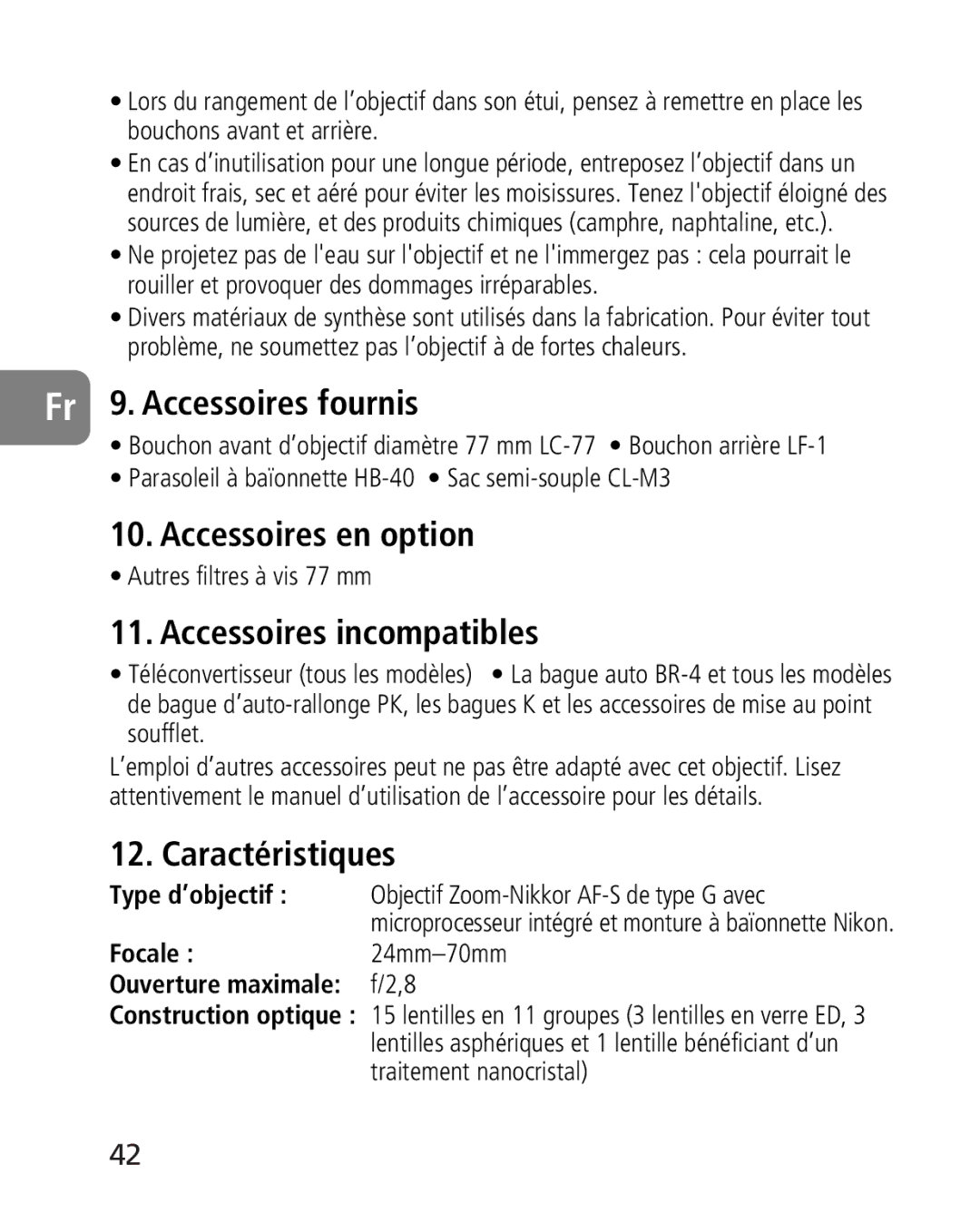 Nikon 2164 instruction manual Fr 9. Accessoires fournis, Accessoires en option, Accessoires incompatibles, Caractéristiques 