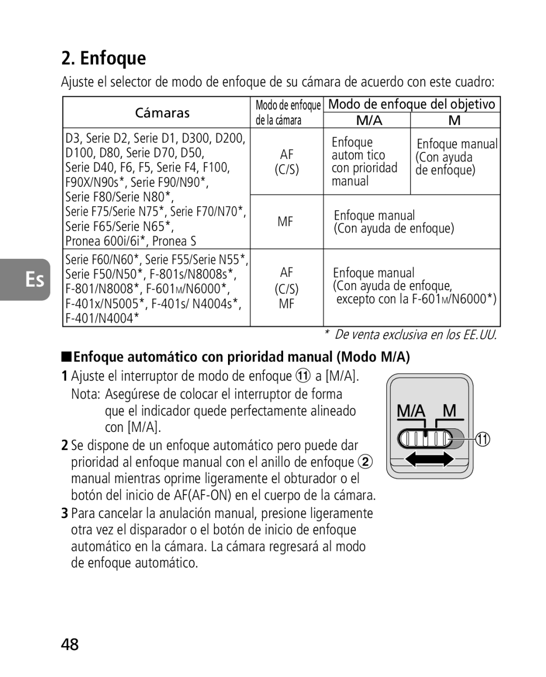 Nikon 2164 Enfoque automático con prioridad manual Modo M/A, Que el indicador quede perfectamente alineado con M/A 