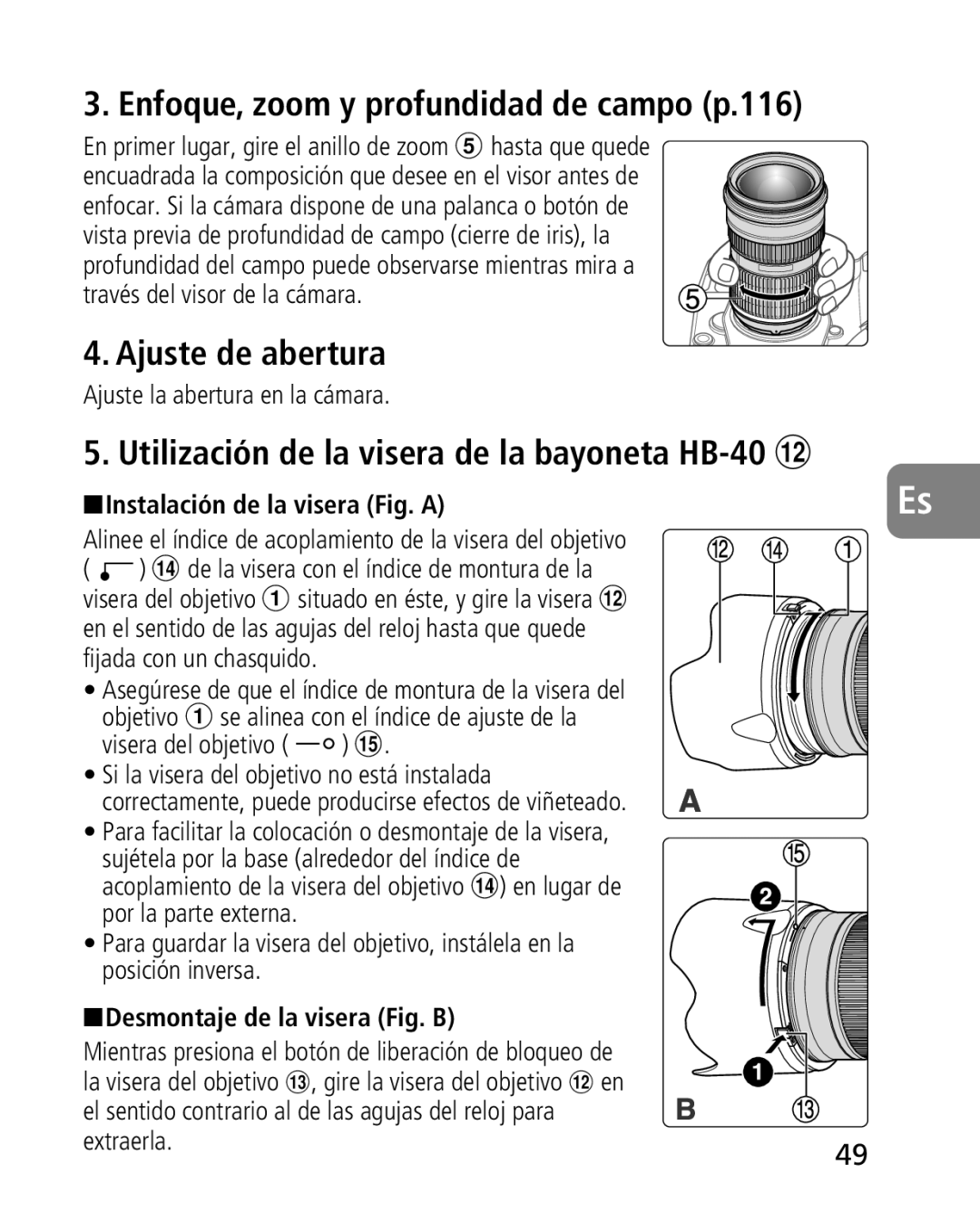 Nikon 2164 Enfoque, zoom y profundidad de campo p.116, Ajuste de abertura, Utilización de la visera de la bayoneta HB-40 # 