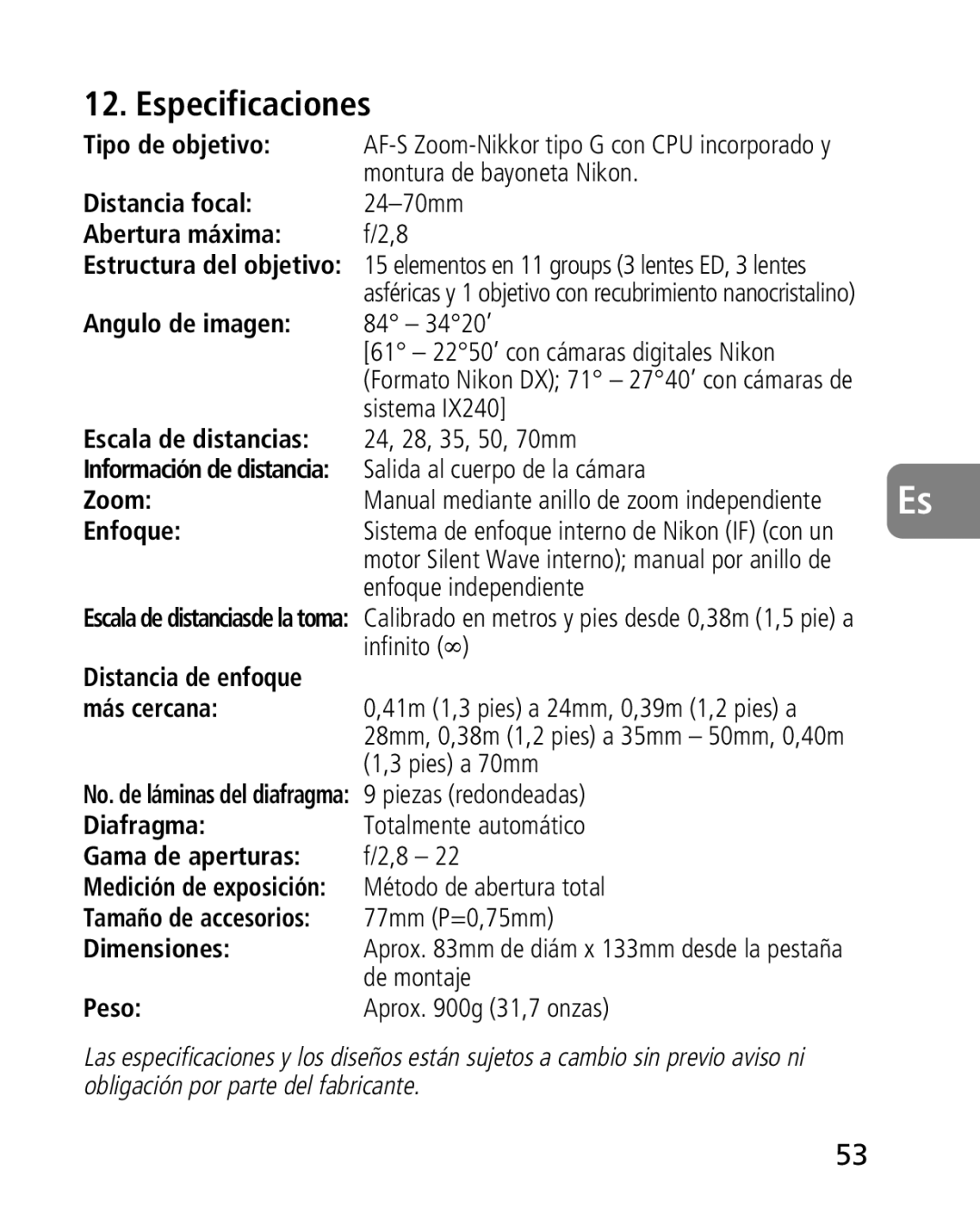 Nikon 2164 instruction manual Especificaciones 