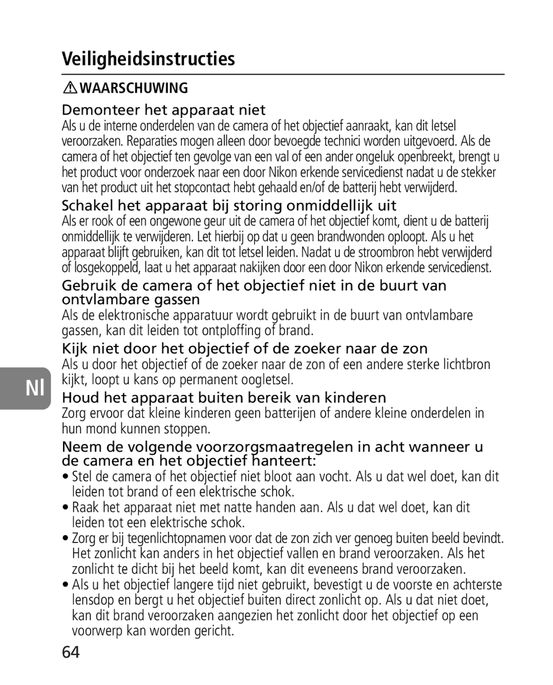 Nikon 2164 instruction manual Veiligheidsinstructies 