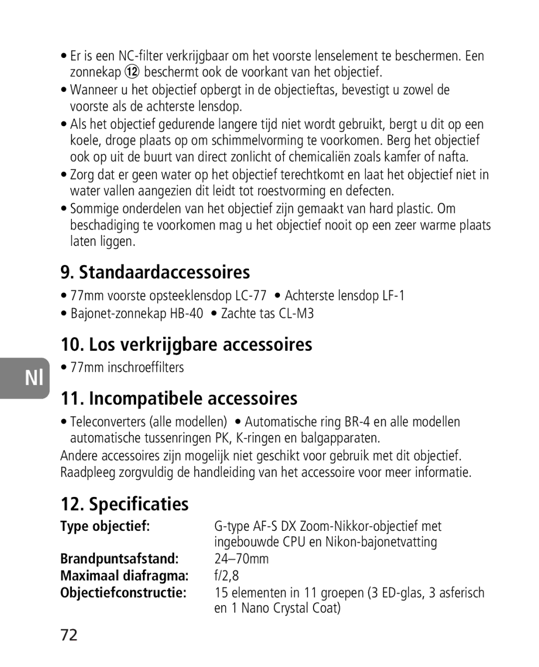 Nikon 2164 instruction manual Standaardaccessoires, Los verkrijgbare accessoires, Incompatibele accessoires, Specificaties 