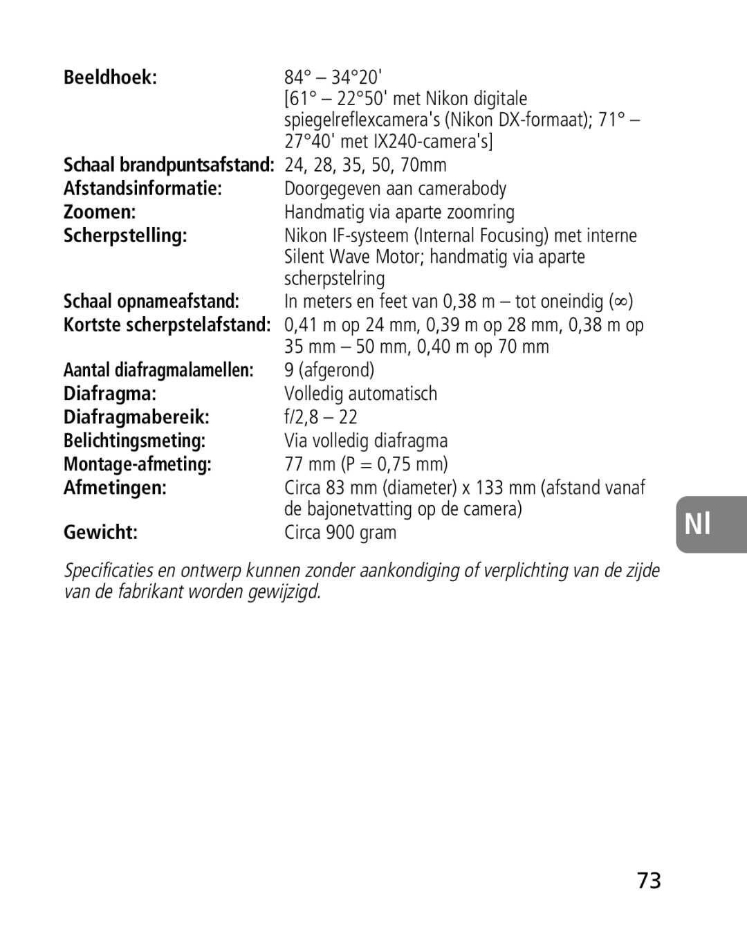 Nikon 2164 Beeldhoek, Schaal brandpuntsafstand 24, 28, 35, 50, 70mm, Diafragmabereik Belichtingsmeting, Montage-afmeting 