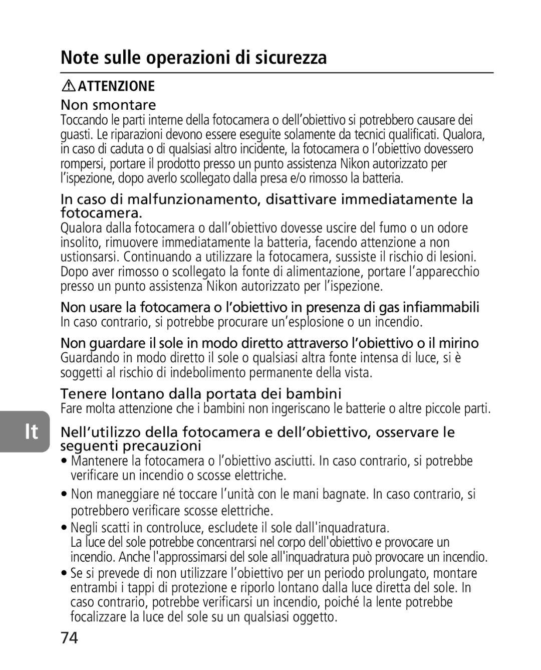 Nikon 2164 instruction manual Non smontare, Tenere lontano dalla portata dei bambini 