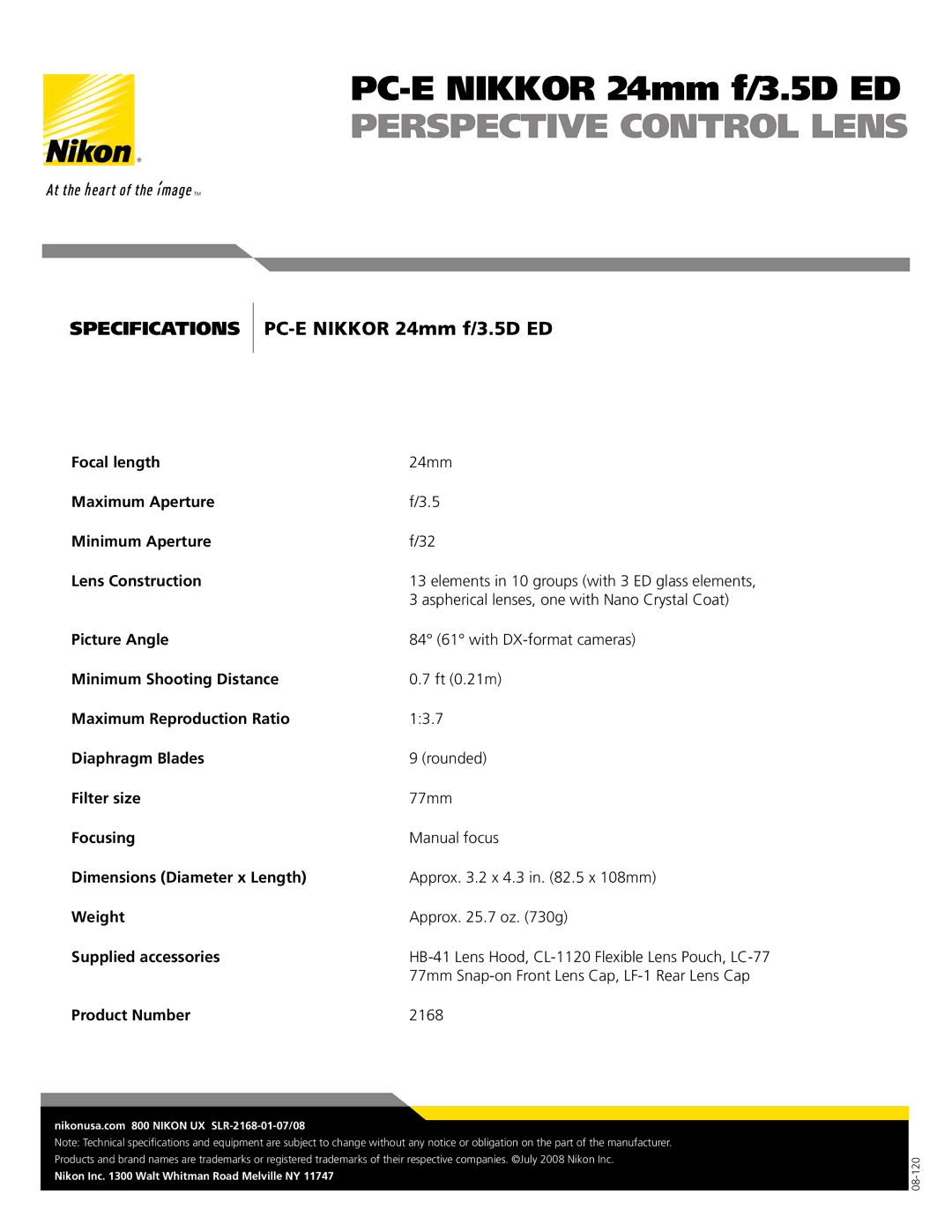 Nikon 2168-PC manual Specifications PC-E Nikkor 24mm f/3.5D ED 