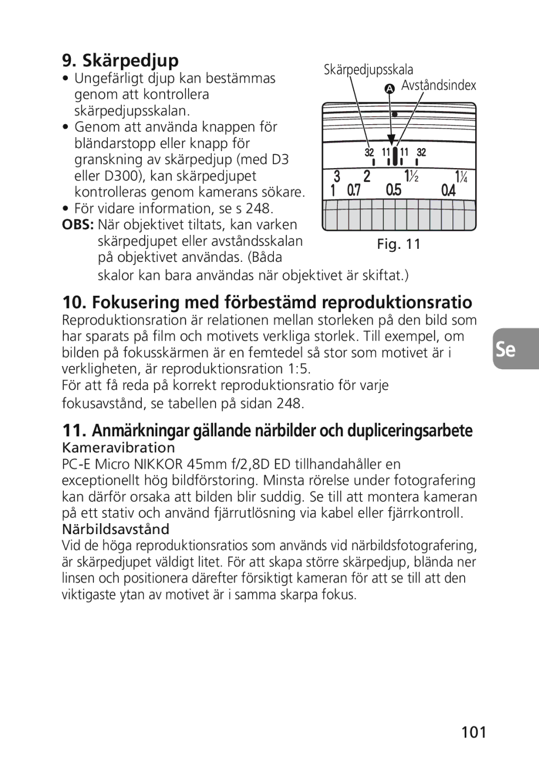 Nikon 2174 user manual Skärpedjup, Fokusering med förbestämd reproduktionsratio, 101 