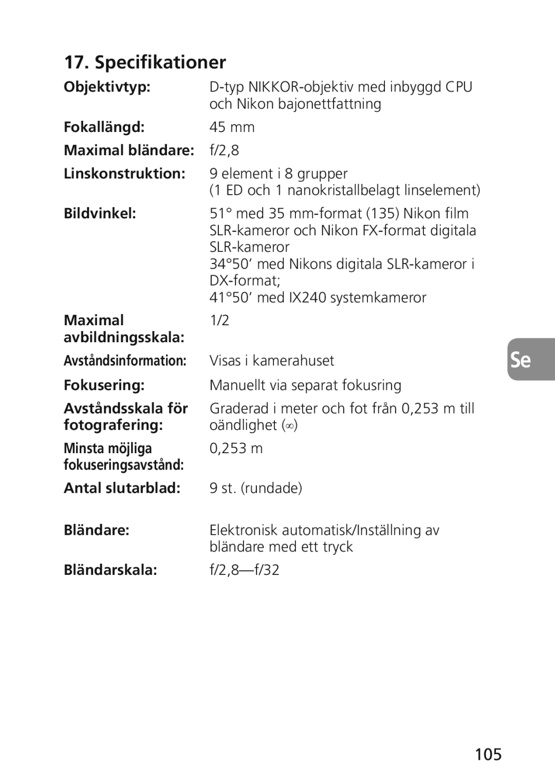 Nikon 2174 user manual Specifikationer, 105 