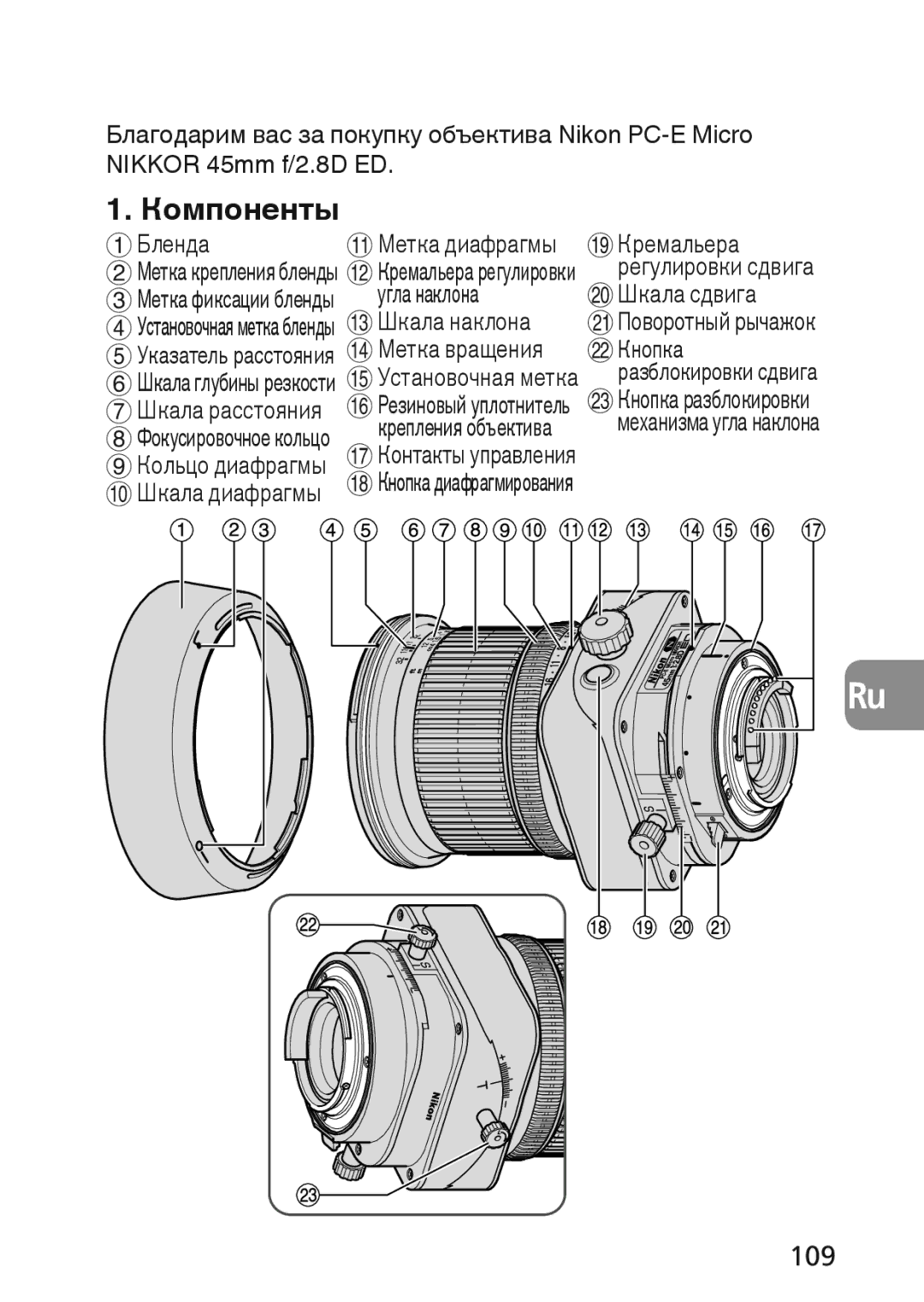 Nikon 2174 Компоненты, 109, Метка диафрагмы Кремальера, Угла наклона Шкала сдвига # Шкала наклона, Метка вращения Кнопка 