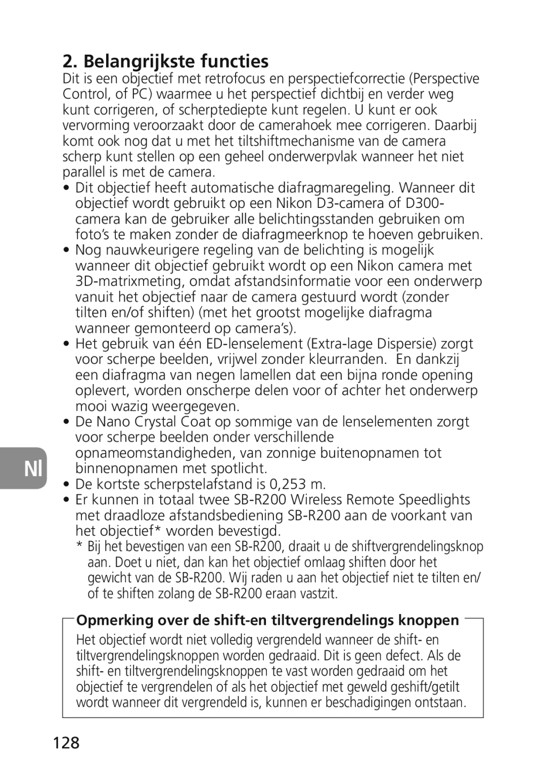 Nikon 2174 user manual Belangrijkste functies, 128, Opmerking over de shift-en tiltvergrendelings knoppen 