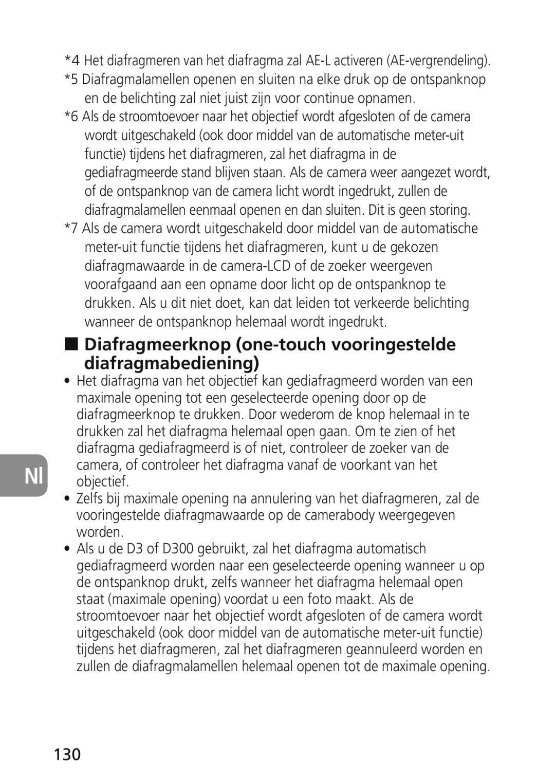 Nikon 2174 user manual Diafragmeerknop one-touch vooringestelde diafragmabediening, 130 