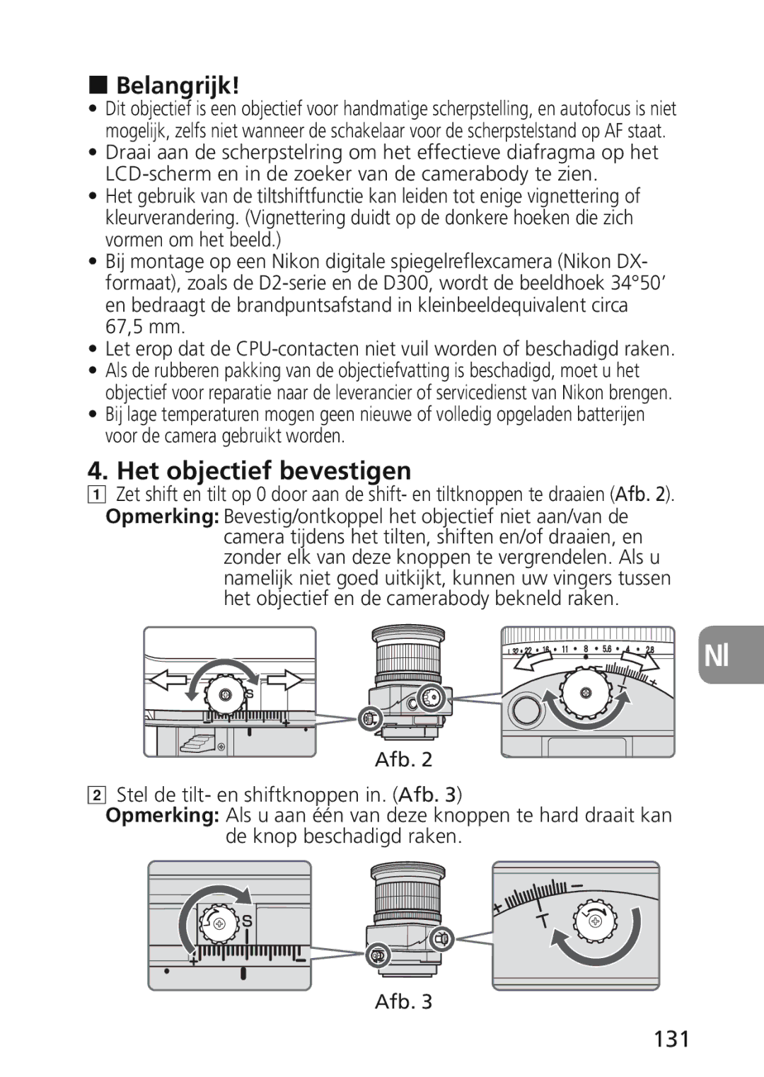 Nikon 2174 user manual Belangrijk, Het objectief bevestigen, 131 