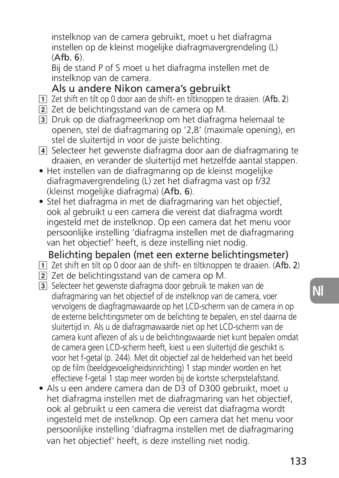 Nikon 2174 user manual Als u andere Nikon camera’s gebruikt, Belichting bepalen met een externe belichtingsmeter, 133 