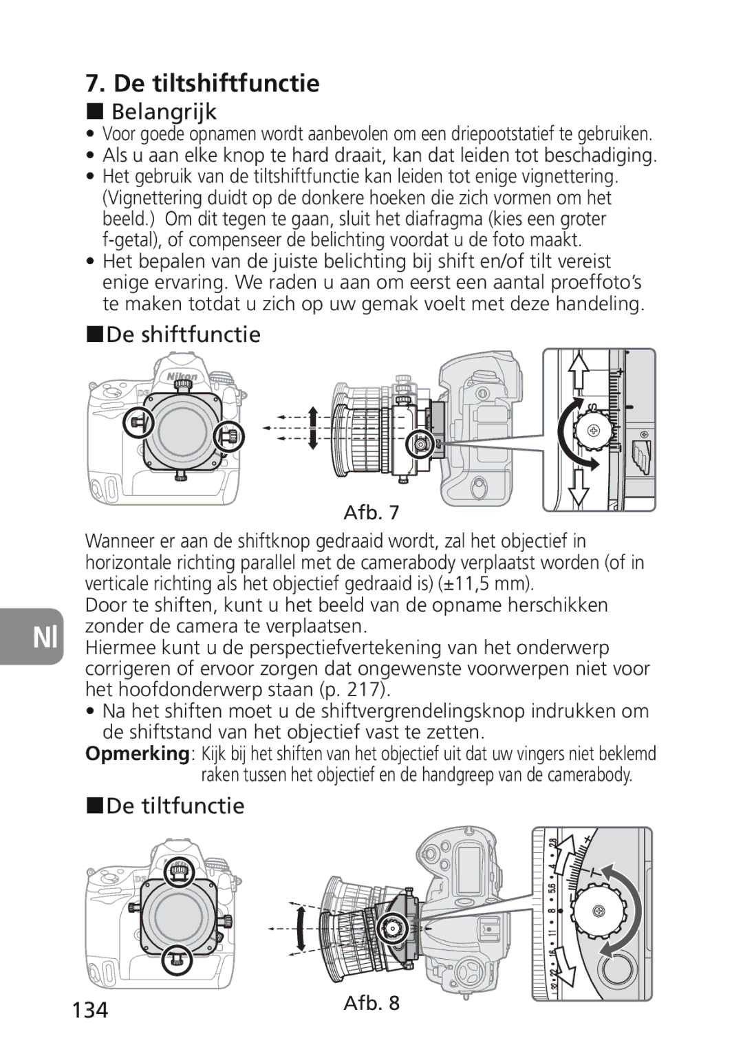 Nikon 2174 user manual De tiltshiftfunctie, Belangrijk, De shiftfunctie, De tiltfunctie, 134 Afb 