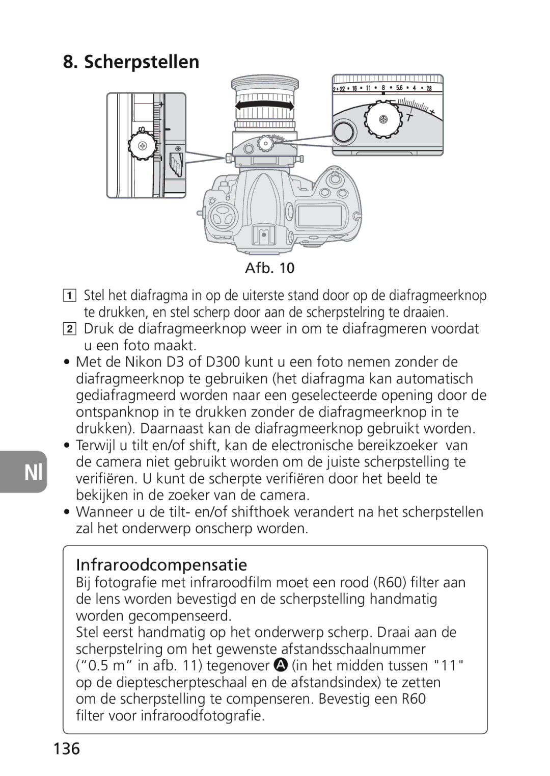 Nikon 2174 user manual Scherpstellen, Infraroodcompensatie, 136 