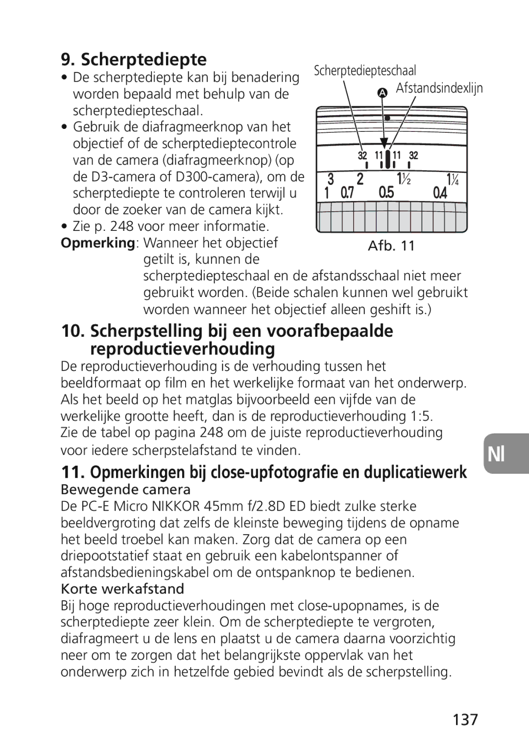 Nikon 2174 user manual Scherptediepte, 137 