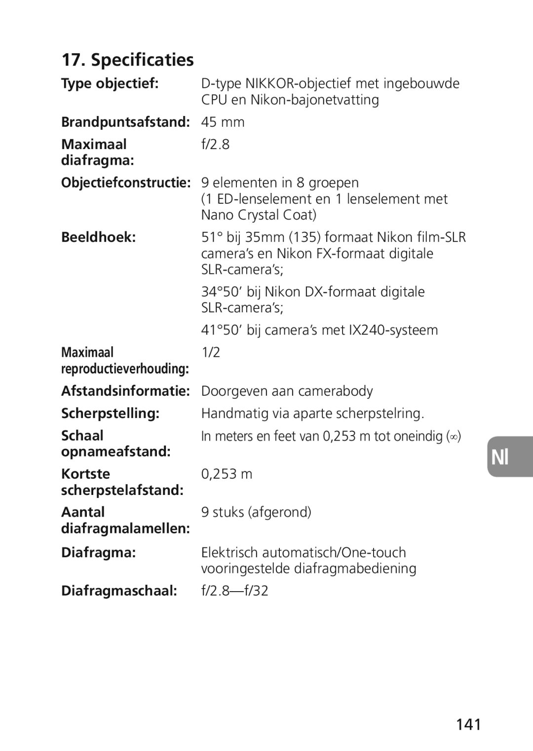 Nikon 2174 user manual Specificaties, 141 