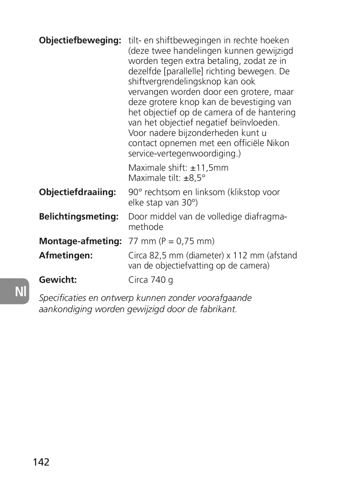 Nikon 2174 user manual 142, Objectiefdraaiing, Belichtingsmeting, Montage-afmeting, Afmetingen 