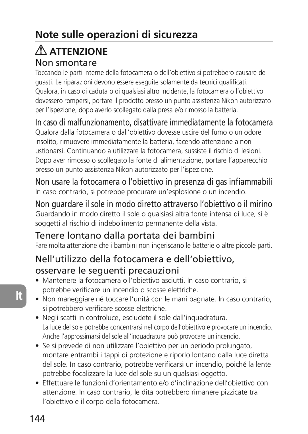 Nikon 2174 user manual Non smontare, Tenere lontano dalla portata dei bambini, 144 