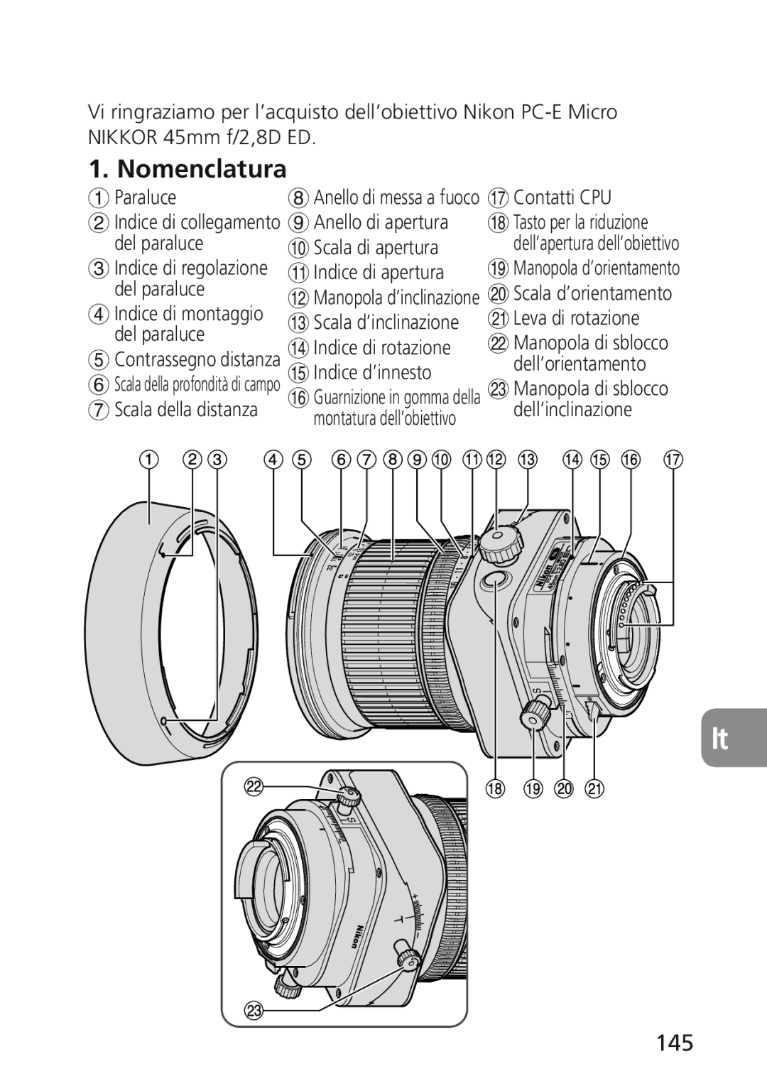 Nikon 2174 user manual 145, Paraluce, Anello di apertura, Contatti CPU 