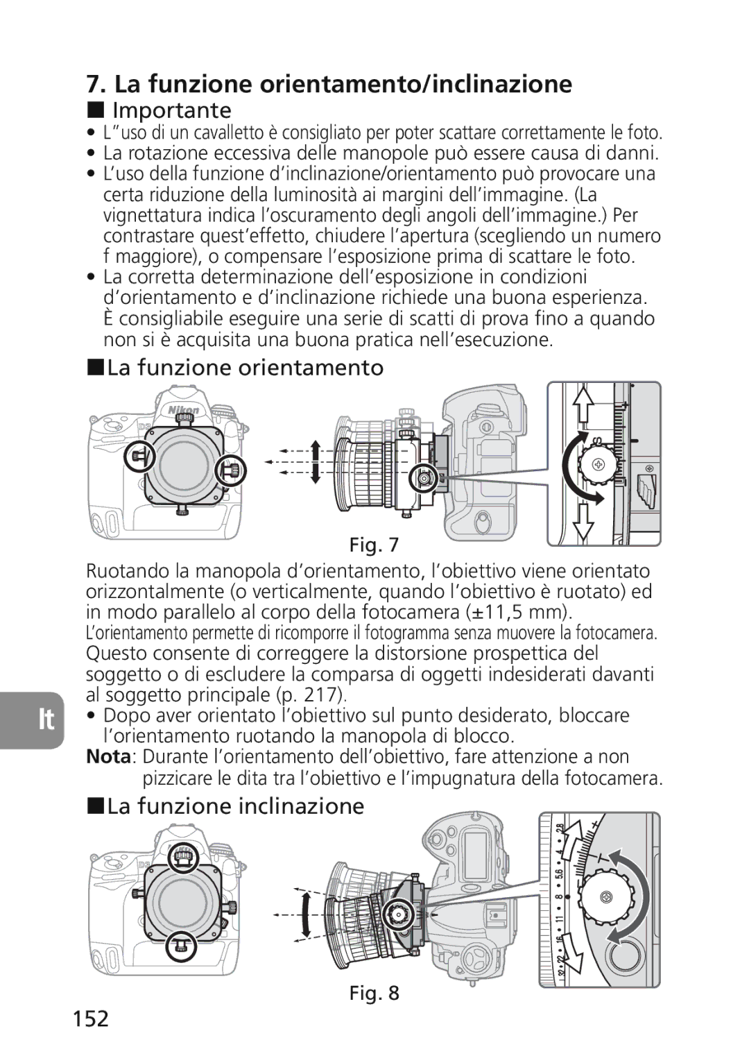 Nikon 2174 user manual La funzione orientamento/inclinazione, La funzione inclinazione 152 