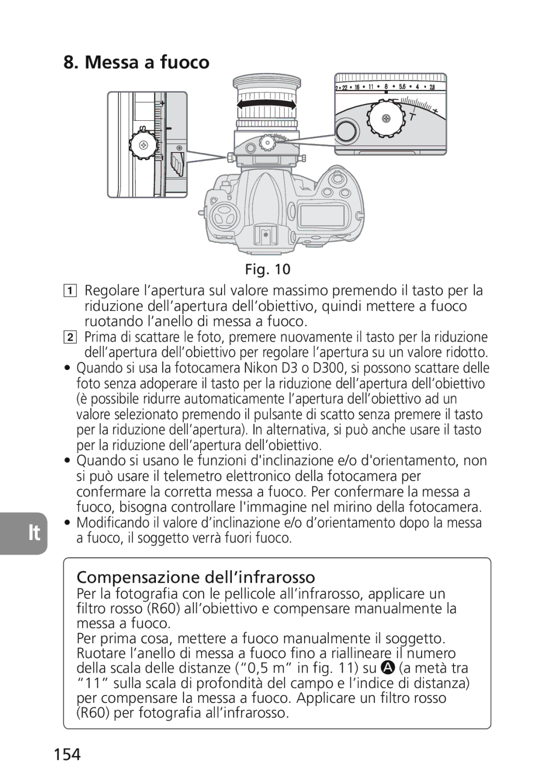 Nikon 2174 user manual Messa a fuoco, Compensazione dell’infrarosso, 154 