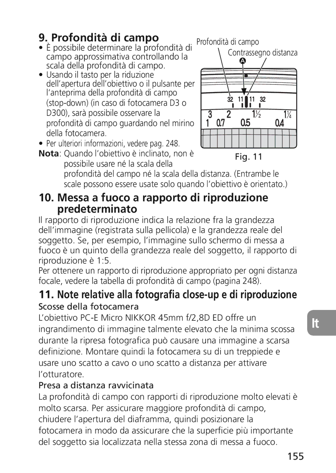 Nikon 2174 user manual Profondità di campo, Messa a fuoco a rapporto di riproduzione predeterminato, 155 