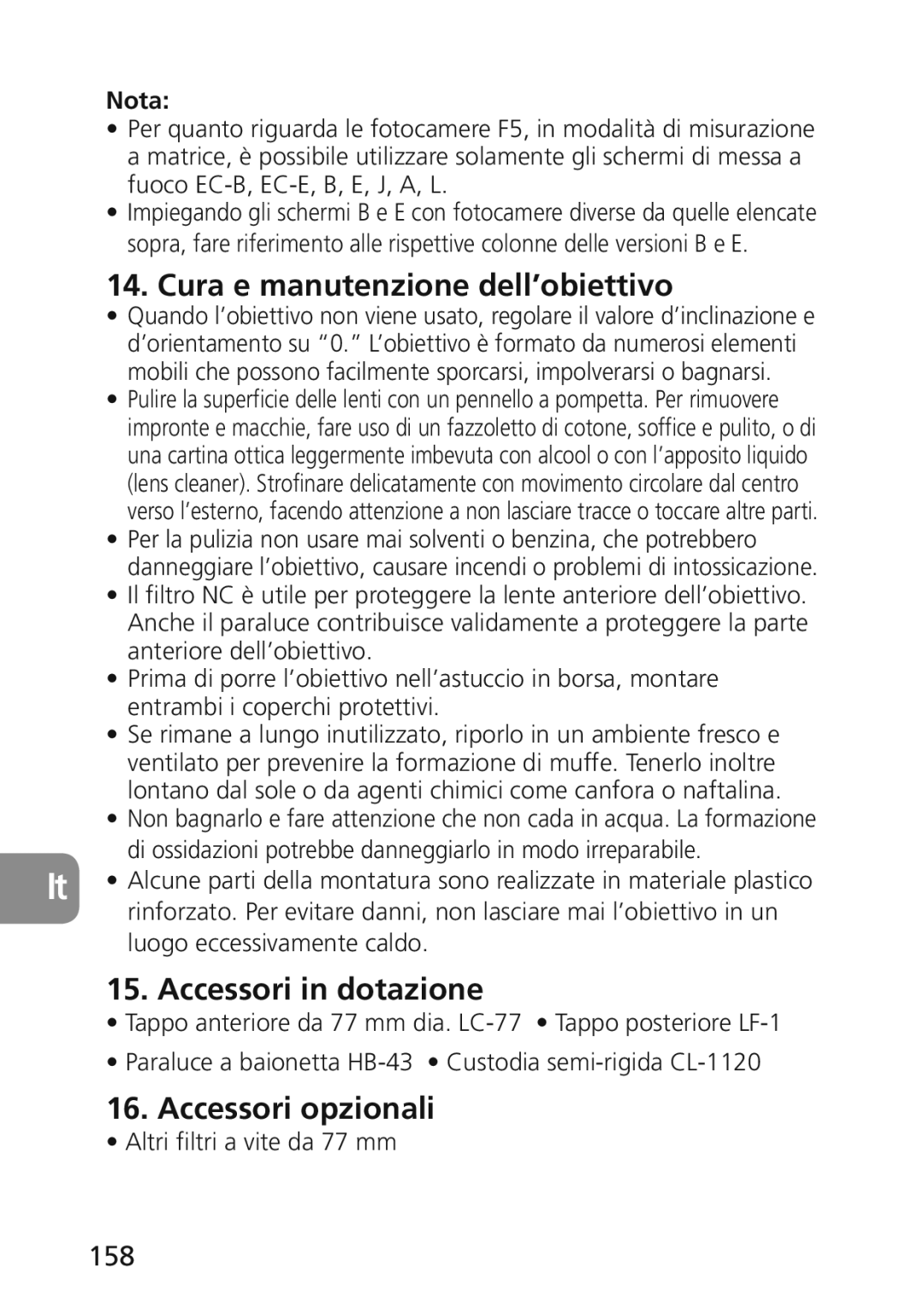 Nikon 2174 user manual Cura e manutenzione dell’obiettivo, Accessori in dotazione, Accessori opzionali, 158 