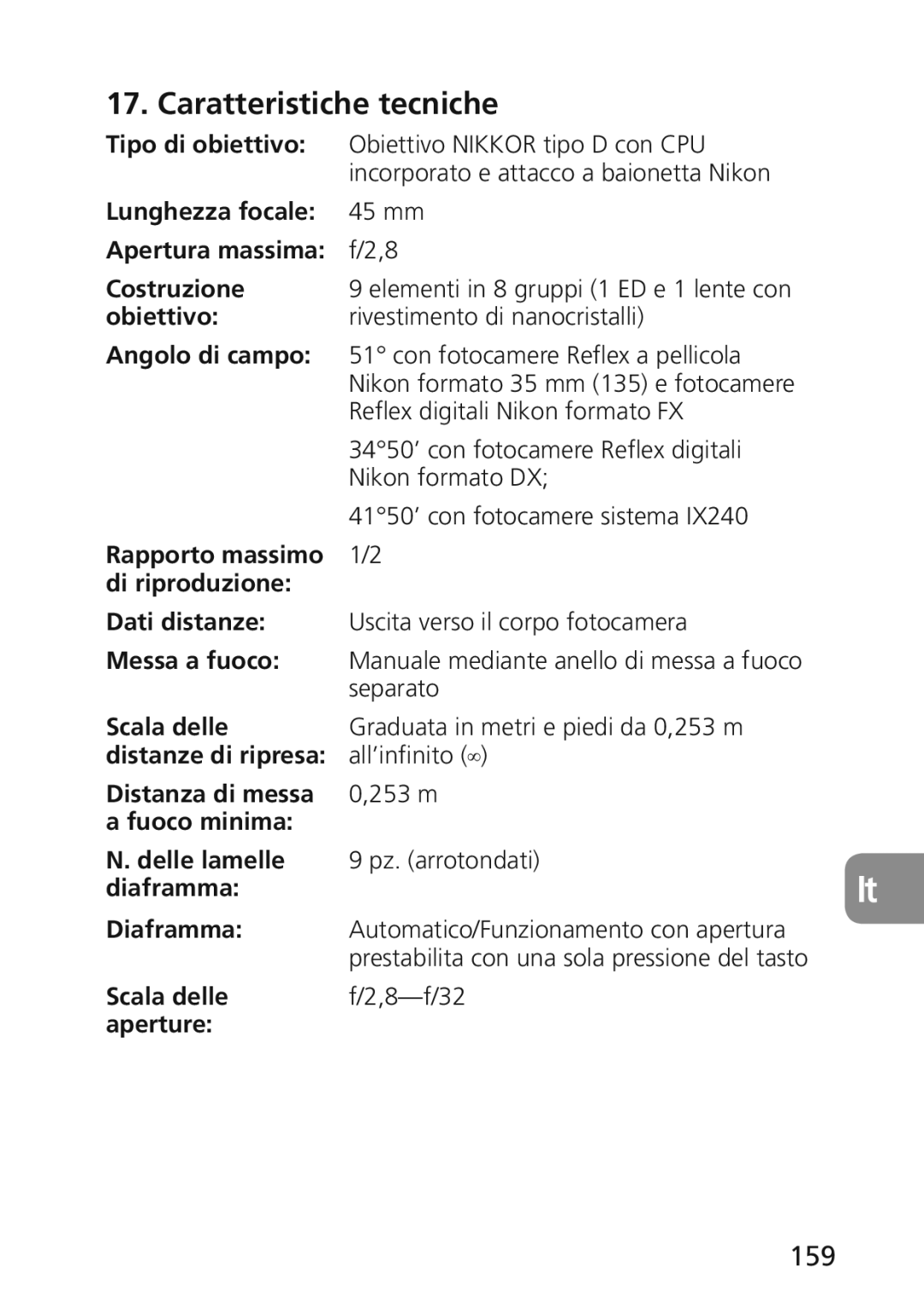 Nikon 2174 user manual Caratteristiche tecniche, 159 