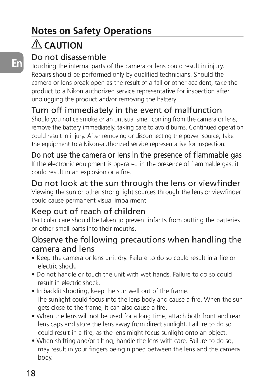 Nikon 2174 user manual Do not disassemble, Turn off immediately in the event of malfunction, Keep out of reach of children 