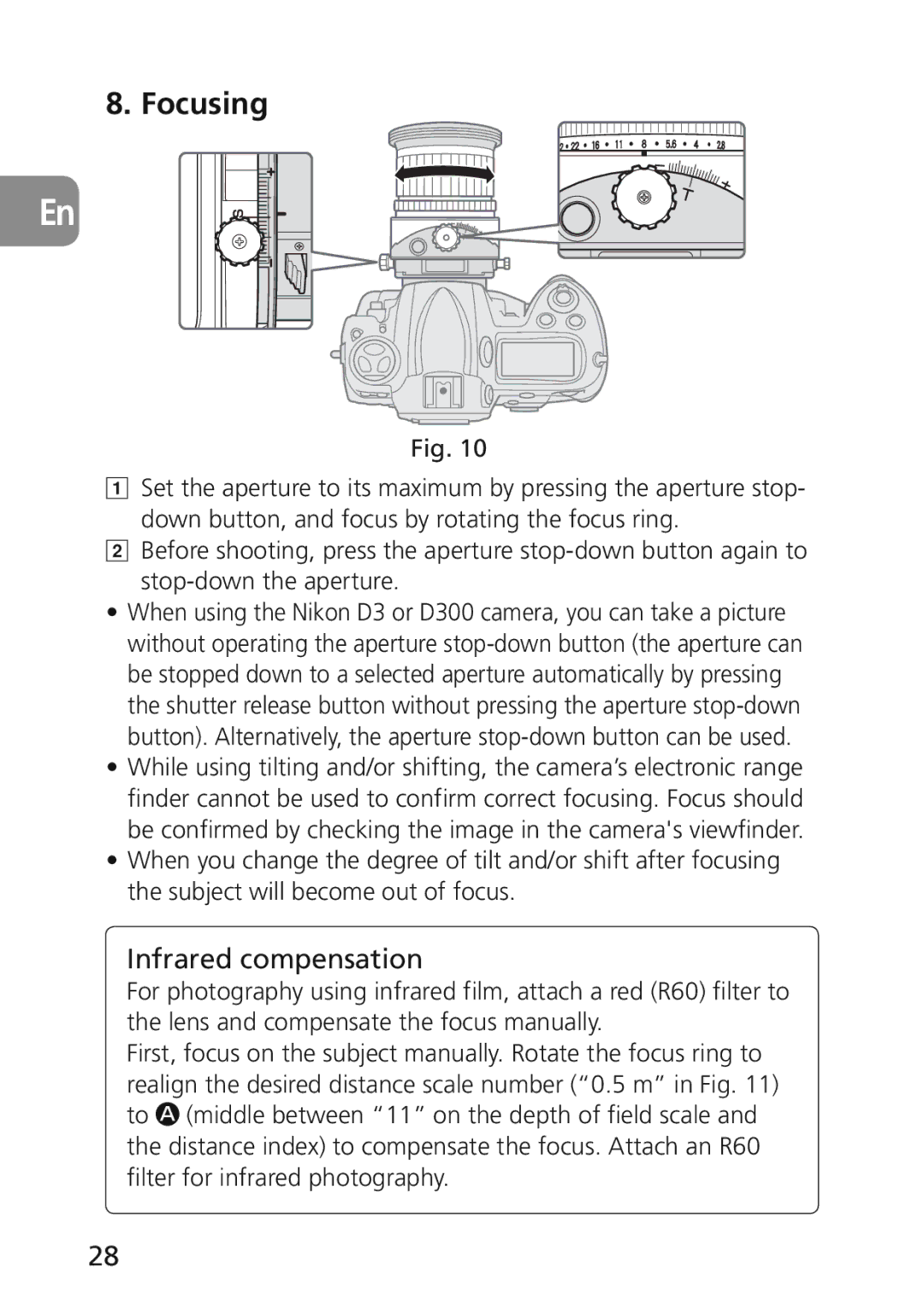 Nikon 2174 user manual Focusing, Infrared compensation 