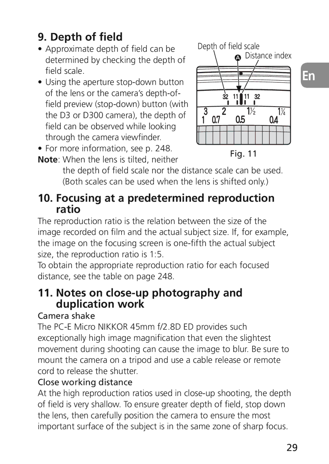 Nikon 2174 user manual Depth of field, Focusing at a predetermined reproduction ratio 