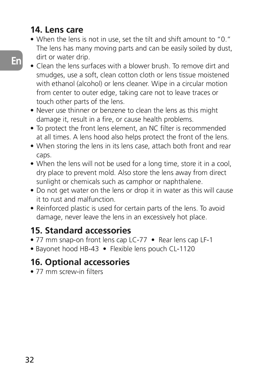 Nikon 2174 user manual Lens care, Standard accessories, Optional accessories 