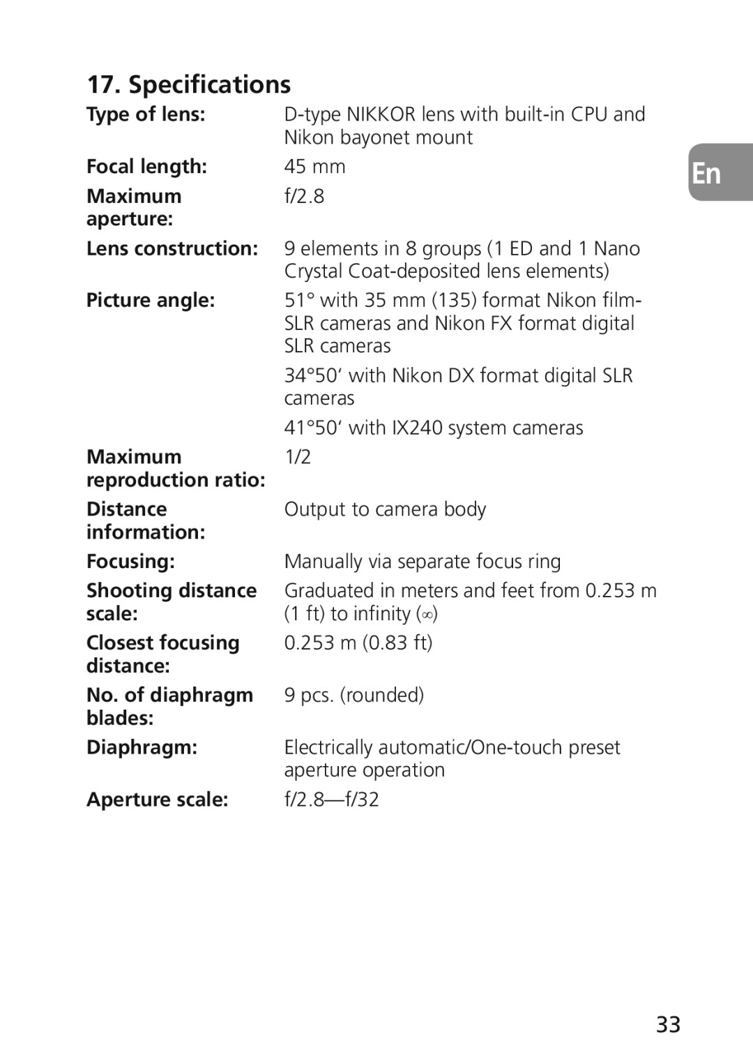 Nikon 2174 user manual Specifications 