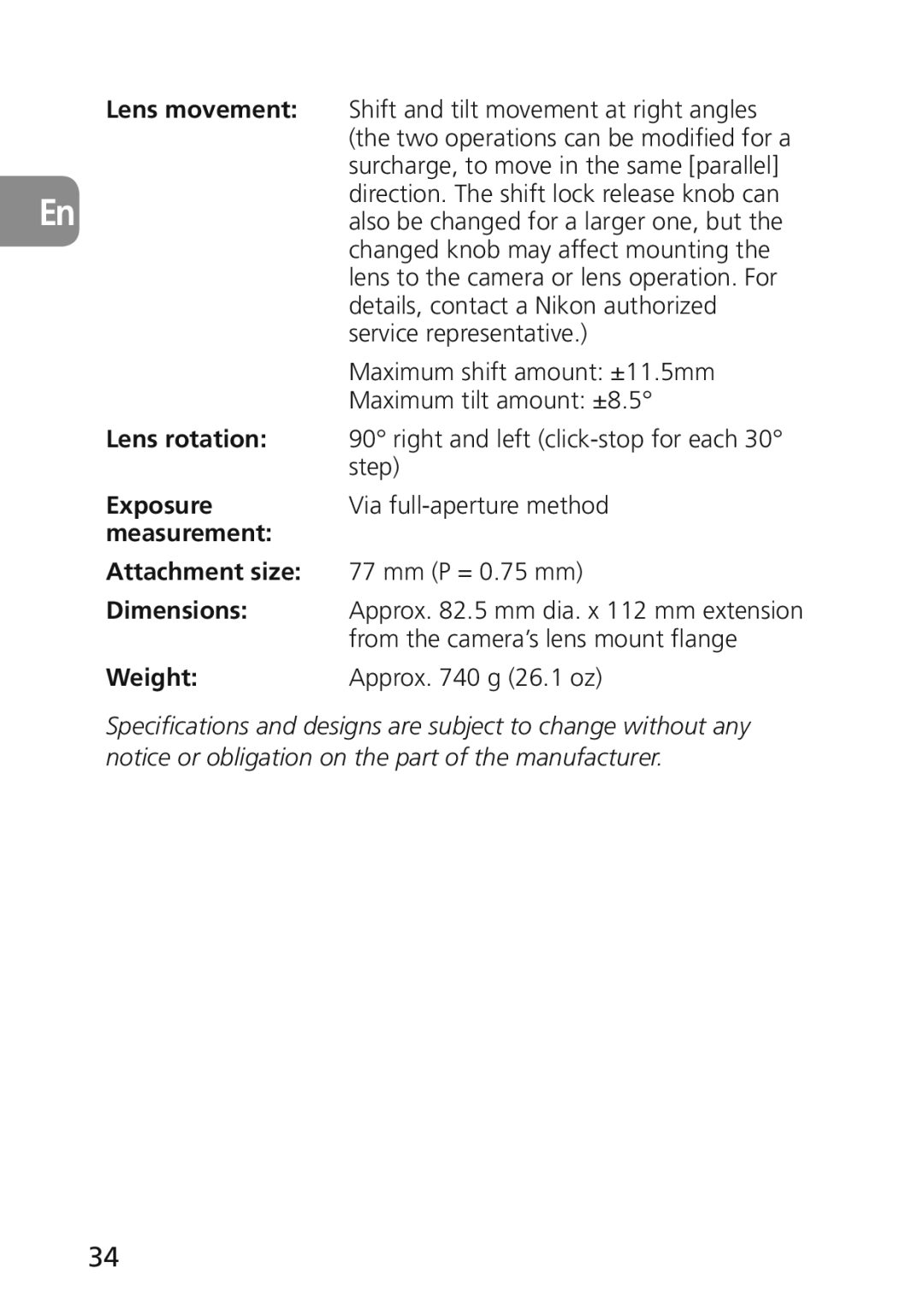 Nikon 2174 user manual Lens movement, Lens rotation, Exposure, Measurement Attachment size, Dimensions, Weight 