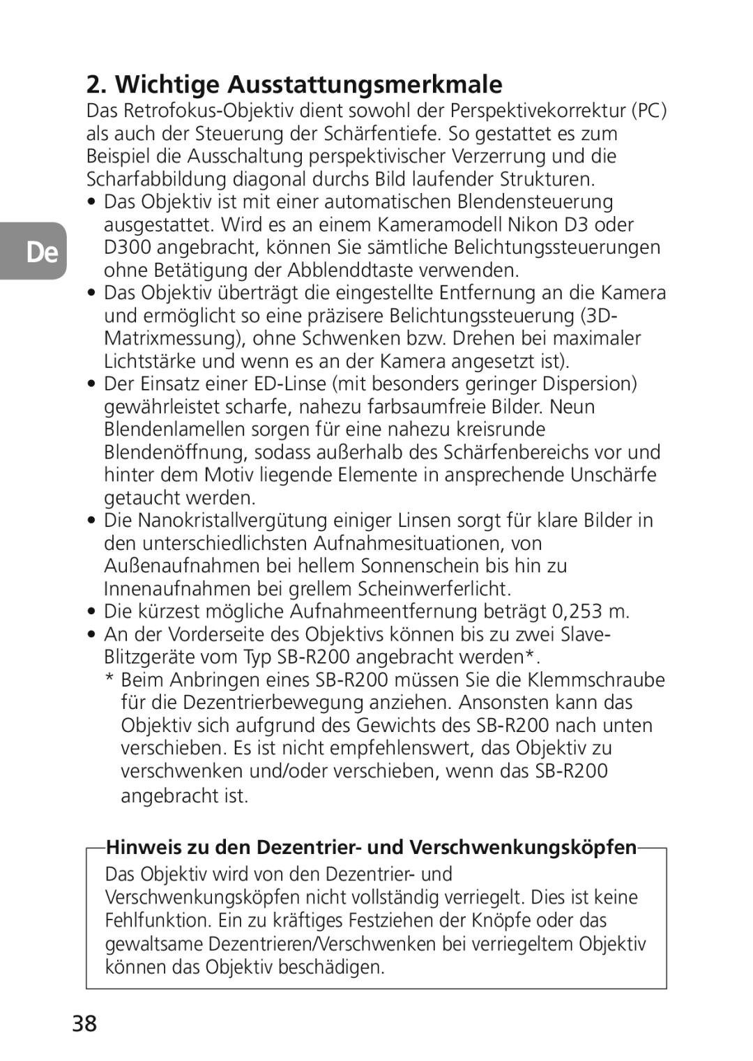 Nikon 2174 user manual Wichtige Ausstattungsmerkmale, Ohne Betätigung der Abblenddtaste verwenden 