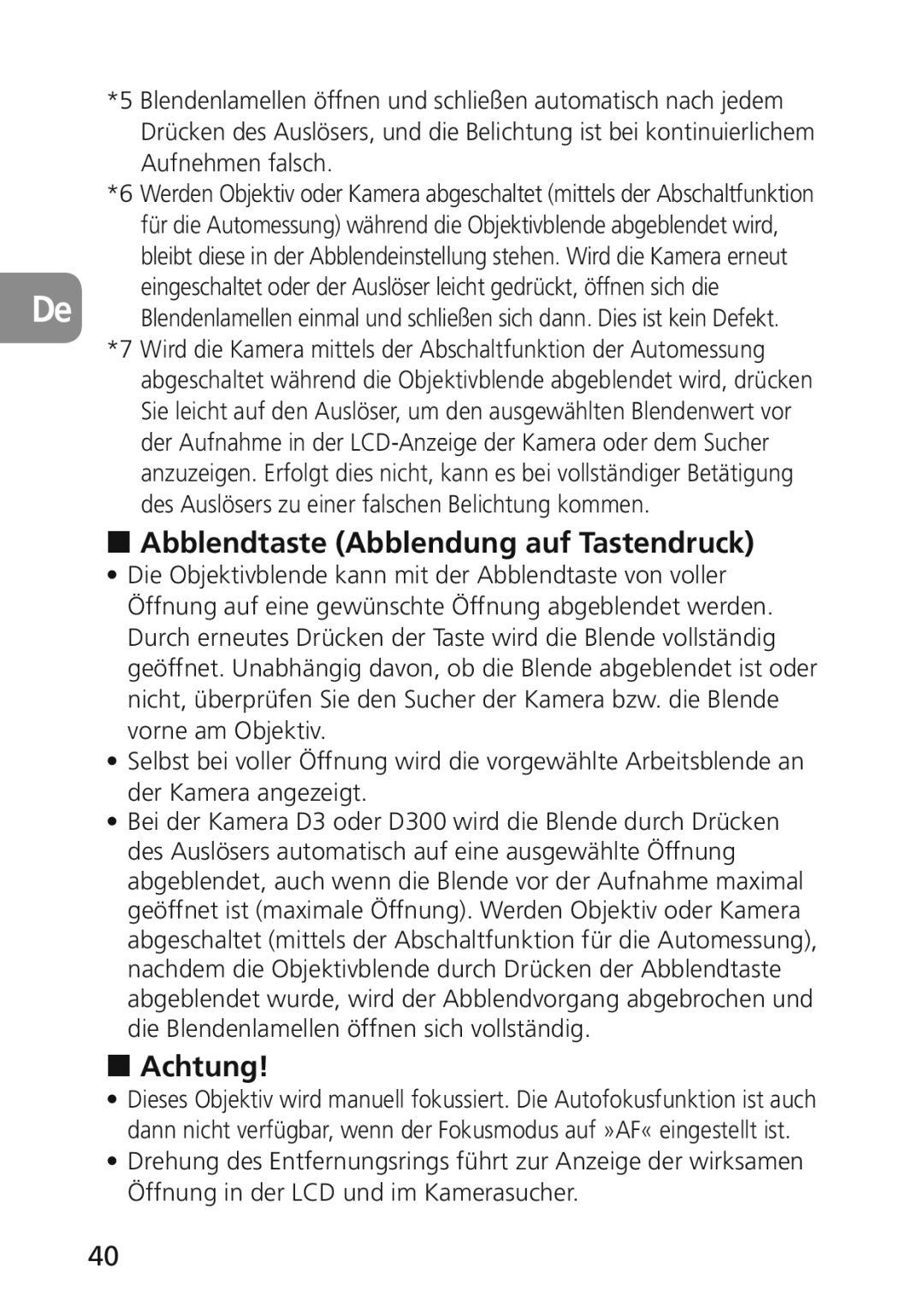 Nikon 2174 user manual Abblendtaste Abblendung auf Tastendruck, Achtung 