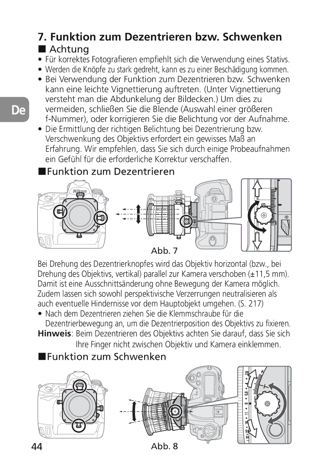 Nikon 2174 user manual Funktion zum Dezentrieren bzw. Schwenken, Achtung, Funktion zum Schwenken 