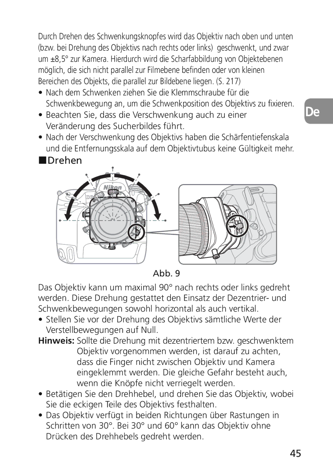 Nikon 2174 user manual Drehen, Nach dem Schwenken ziehen Sie die Klemmschraube für die, Veränderung des Sucherbildes führt 