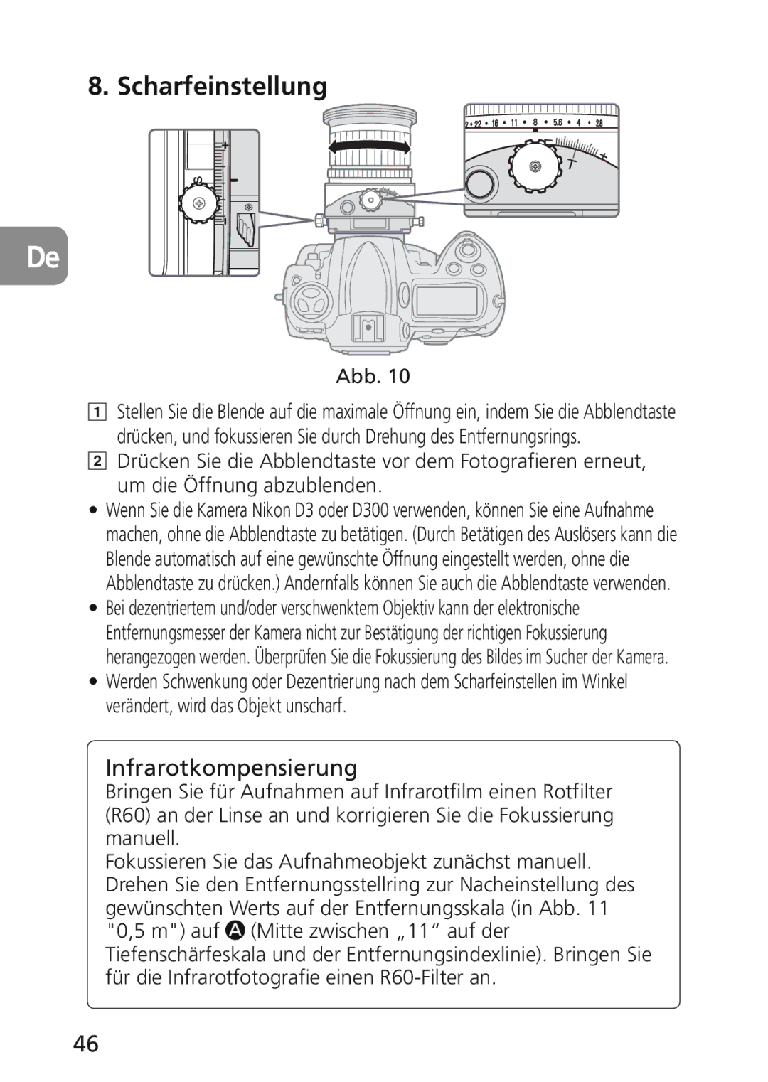 Nikon 2174 user manual Scharfeinstellung, Infrarotkompensierung 