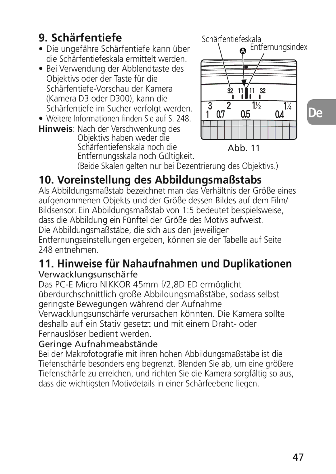 Nikon 2174 user manual Schärfentiefe, Voreinstellung des Abbildungsmaßstabs, Hinweise für Nahaufnahmen und Duplikationen 