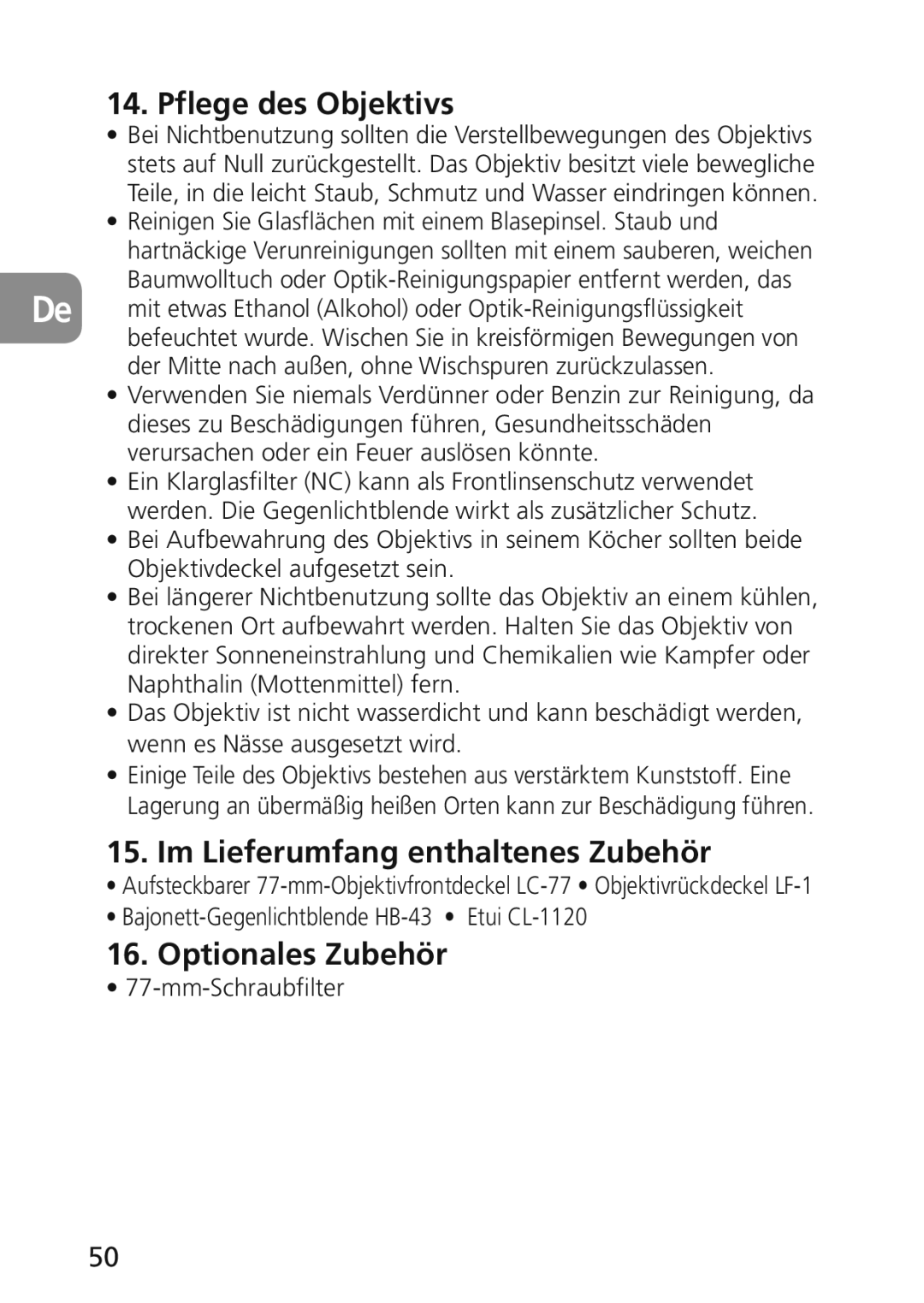 Nikon 2174 user manual Pflege des Objektivs, Im Lieferumfang enthaltenes Zubehör, Optionales Zubehör, Mm-Schraubfilter 