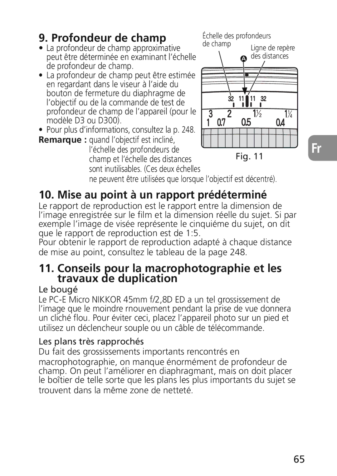 Nikon 2174 user manual Profondeur de champ, Mise au point à un rapport prédéterminé 