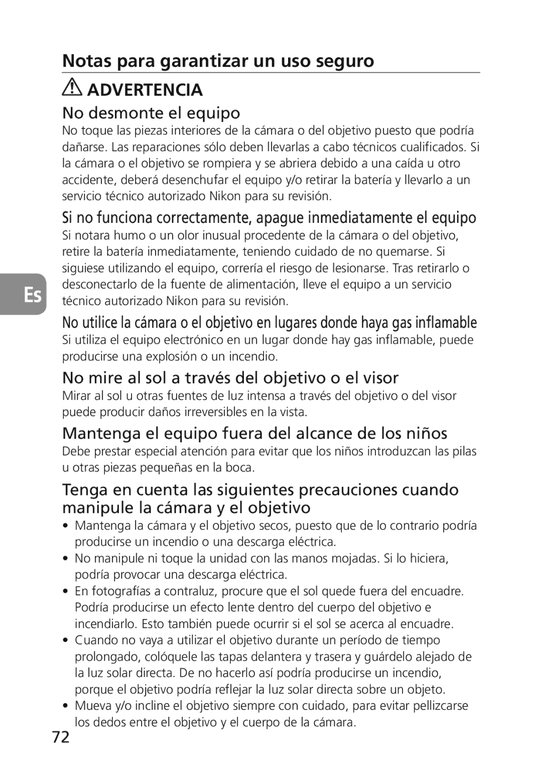 Nikon 2174 Notas para garantizar un uso seguro, No desmonte el equipo, No mire al sol a través del objetivo o el visor 