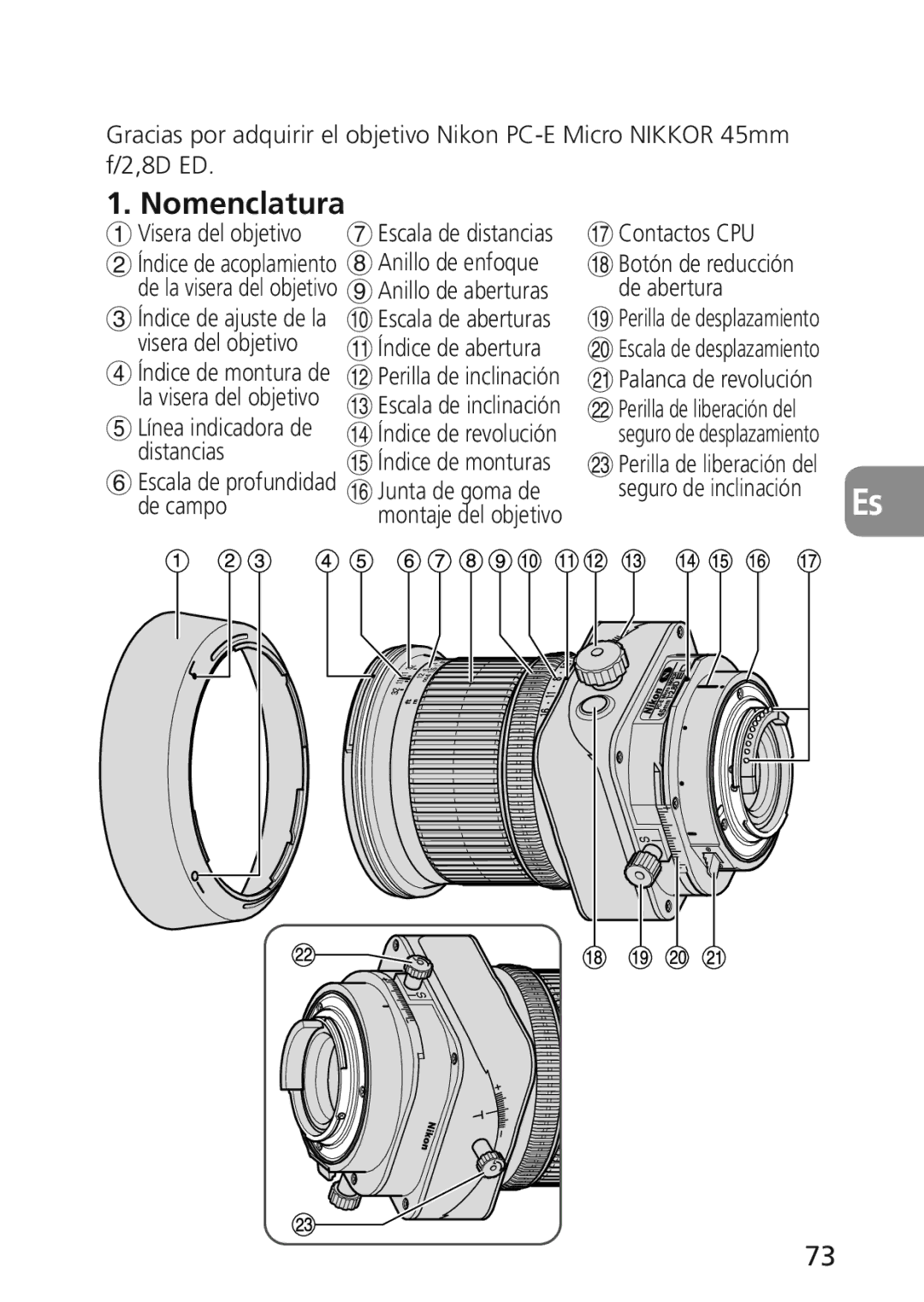 Nikon 2174 user manual Nomenclatura, Visera del objetivo, Anillo de enfoque Anillo de aberturas, Contactos CPU 